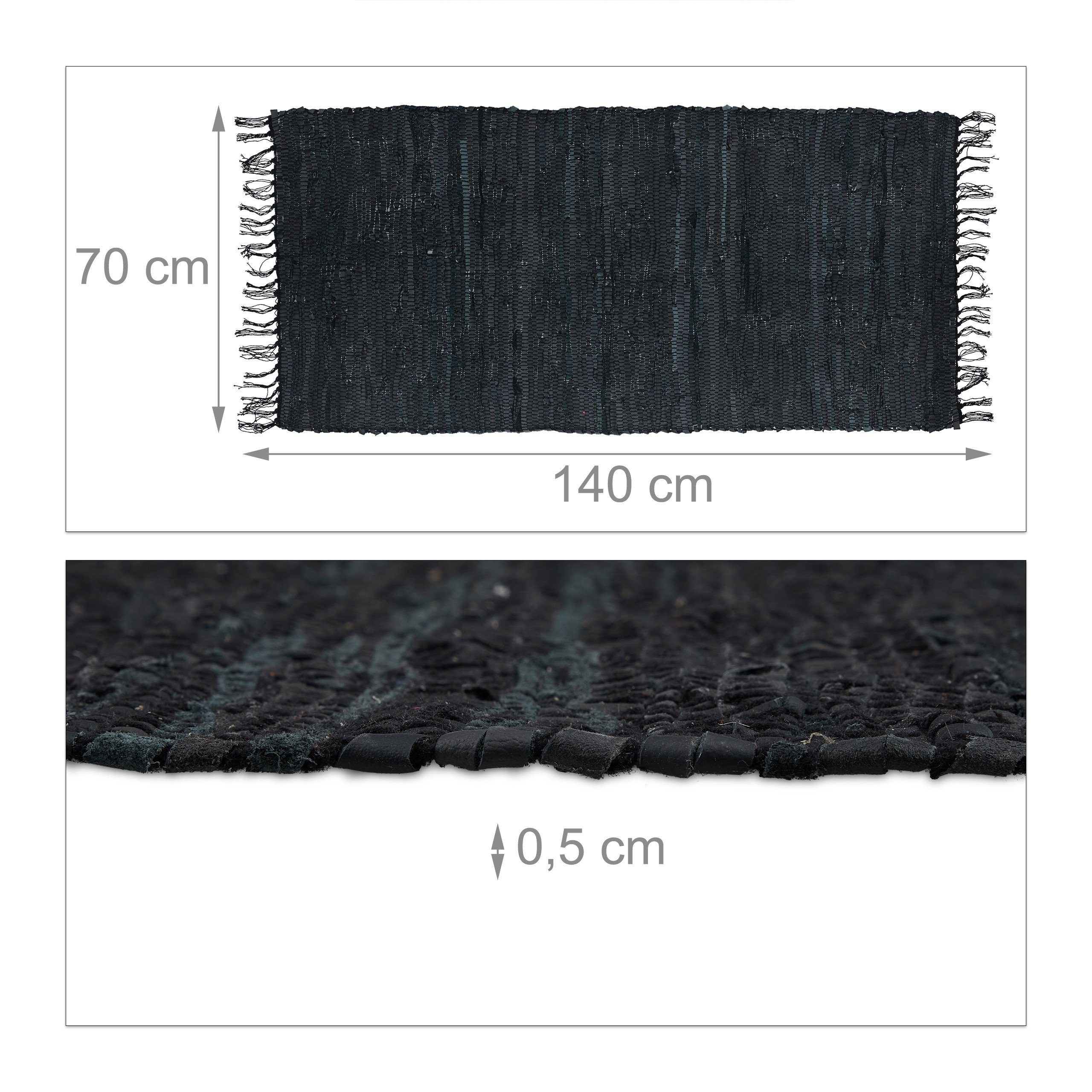 Läufer Flickenteppich aus Leder & Baumwolle, relaxdays, Höhe: 5 mm, Schwarz, 70 x 140 cm