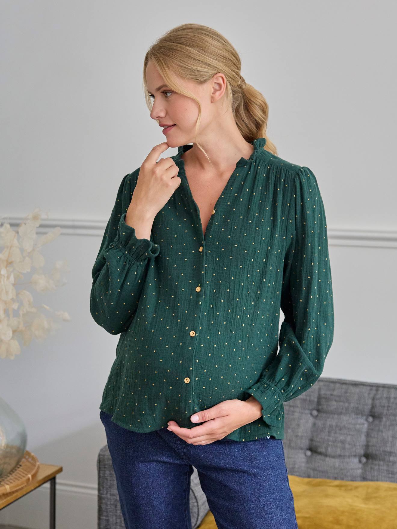 Blouse gaze de coton grossesse et allaitement vert sapin