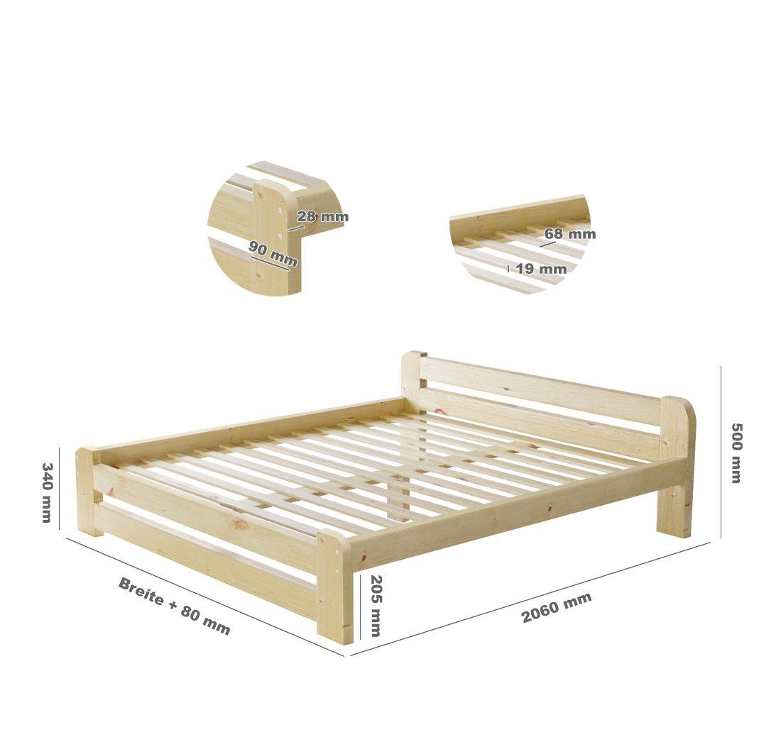 Furnify Holzbett Holzbett futtonbett bettgestell bett natur 90x200 Ohne Matratze