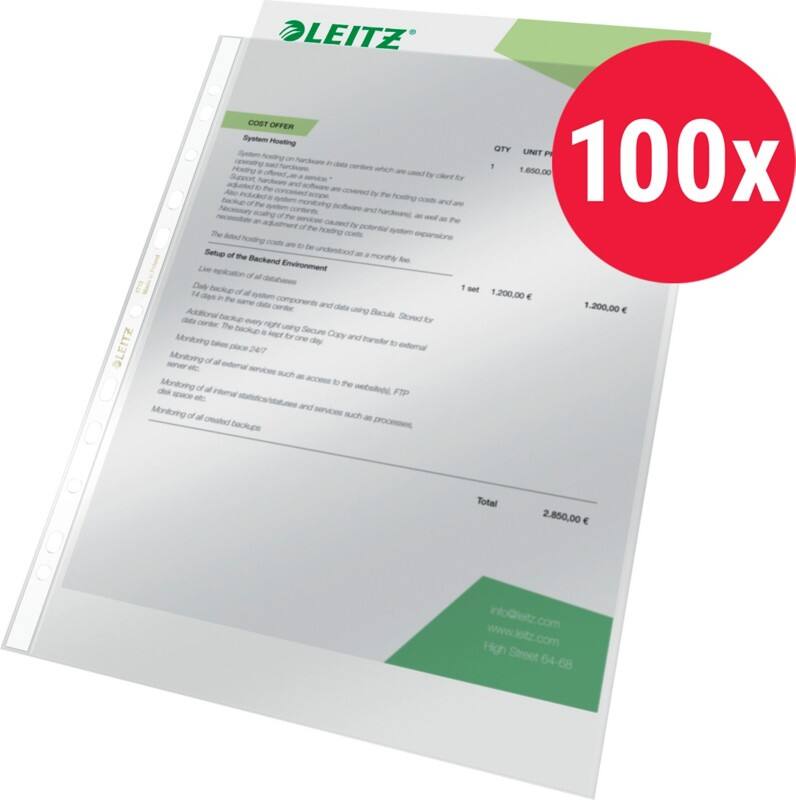 Leitz Prospekthüllen DIN A4 Glasklar Transparent 80 Mikron PVC (Polyvinylchlorid) Oben 11 Löcher 4712 100 Stück