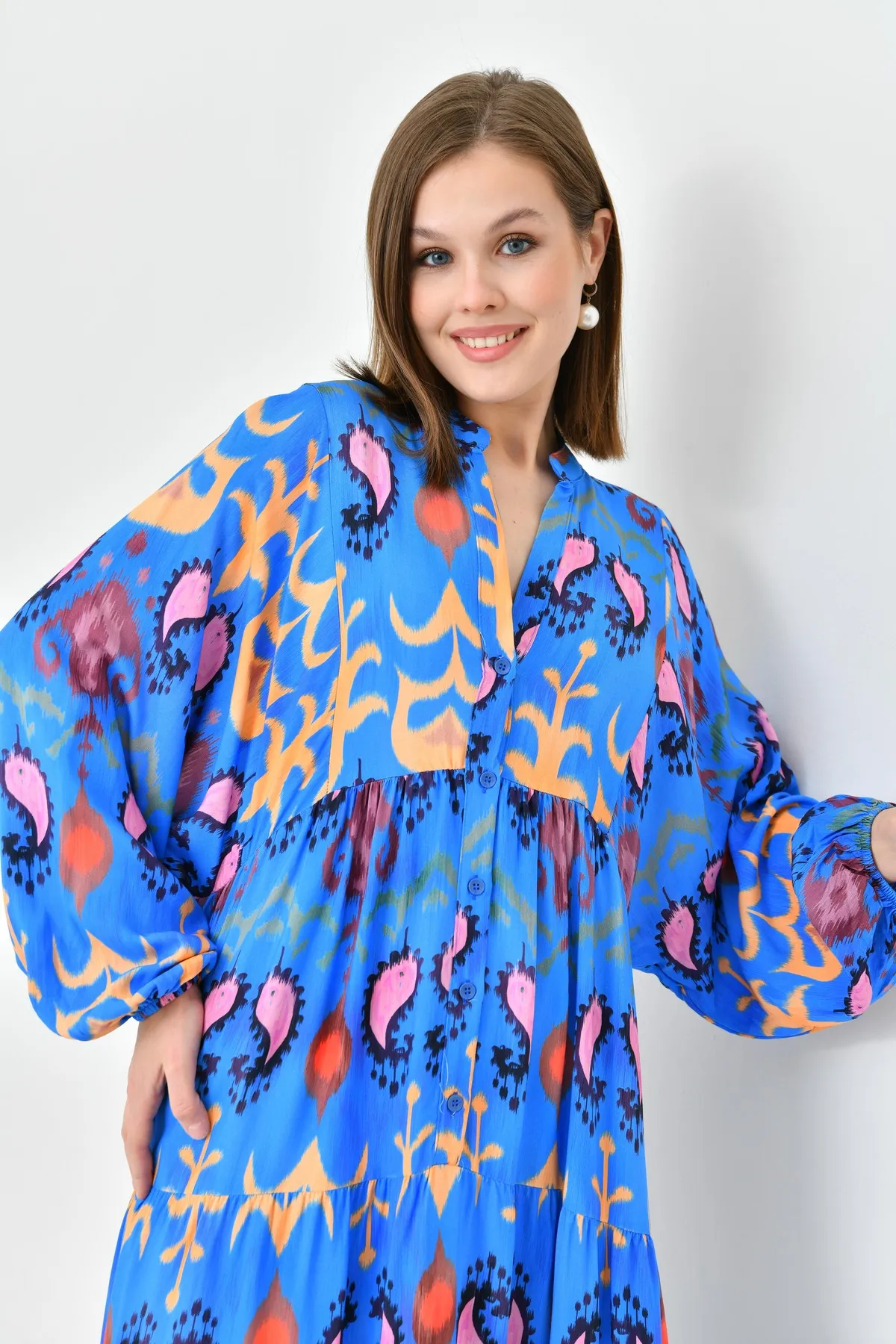 lovebox  Ethnisch gemustertes, geknöpftes, vorherrschender Kragen, Ballonärmel, Midi-Länge, weit ausgestellter Schnitt, blaues Sommerkleid 036