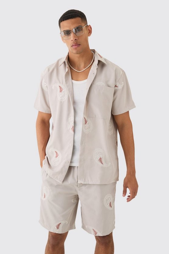 Oversize Twill-Hemd und Shorts mit Paisley-Stickerei