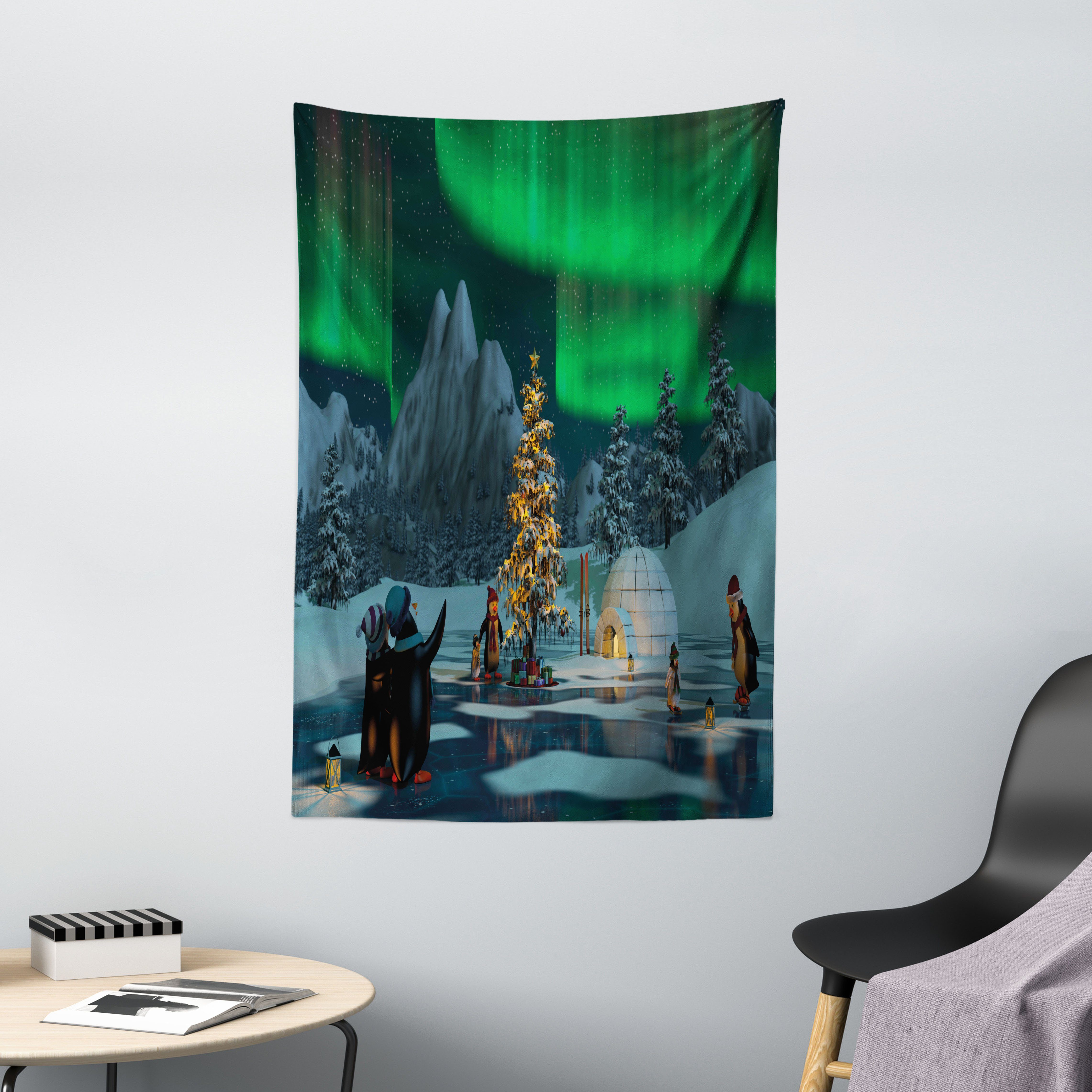 Wandteppich Wohnzimmer Schlafzimmer Wandtuch Seidiges Satin Wandteppich, Abakuhaus, rechteckig, Natur Pinguine auf See