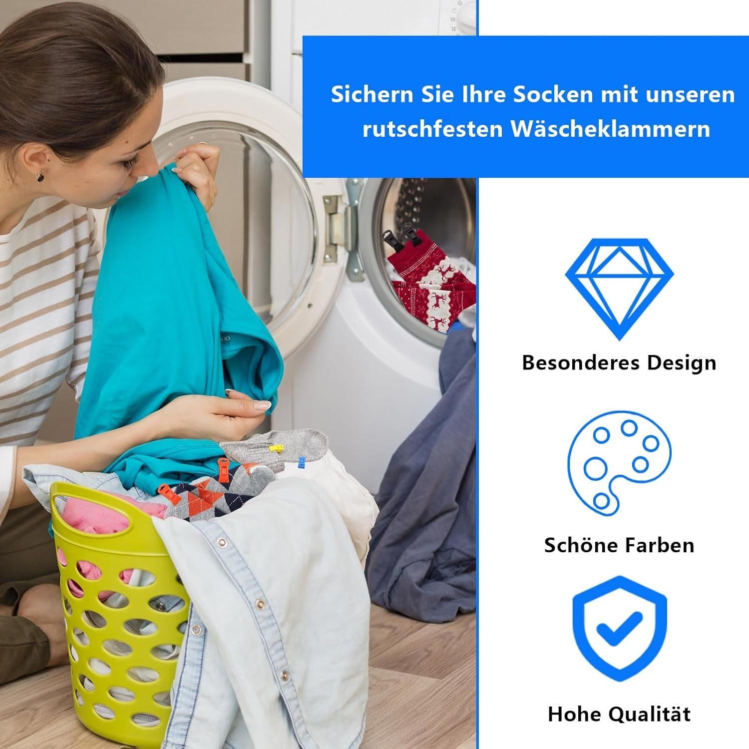 ASLENY Wäschenetz 60 Stück Sockenklammern für Waschmaschine und trockner,(60-St., Haken Sockenklammer Direkt in Die Schublade OHNE Sie zu Falten), Sockenclips mit Haken, Sockenhalter Waschmaschine