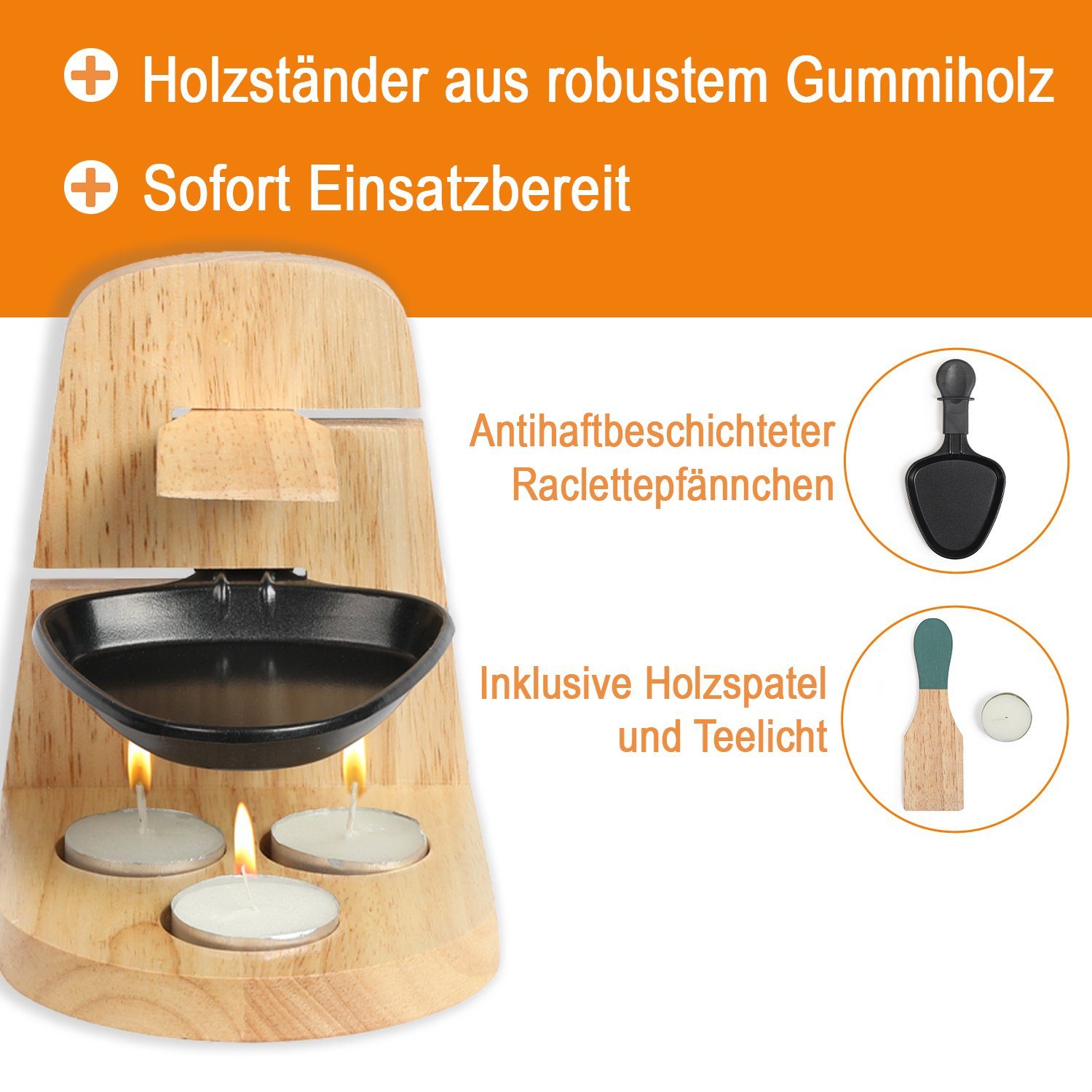LIVOO Raclette LIVOO Raclette Set 1 Person Teelicht Camping Kerzen Holzspatel MEN397, 1 Raclettepfännchen, Teelichter, Racletteschieber, Raclettepfanne, Ständer aus Gummiholz