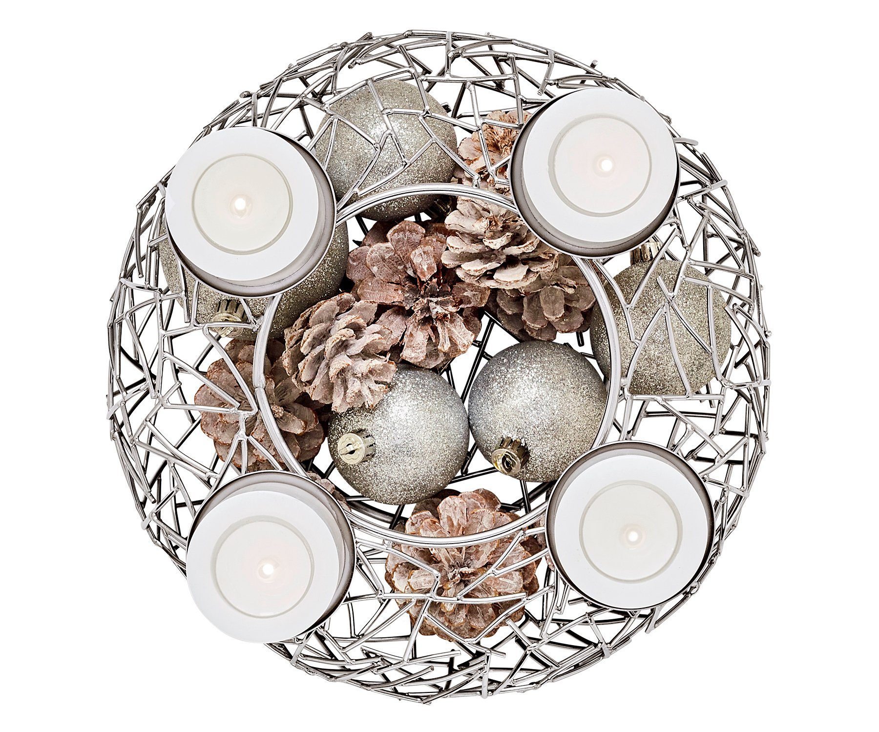 EDZARD Adventskranz Milano M, (28 cm) Kerzenhalter für Stumpenkerzen, Adventsleuchter als Weihnachtsdeko für 4 Kerzen á Ø 6 cm, Kerzenkranz als Tischdeko mit Silber-Optik, vernickelt