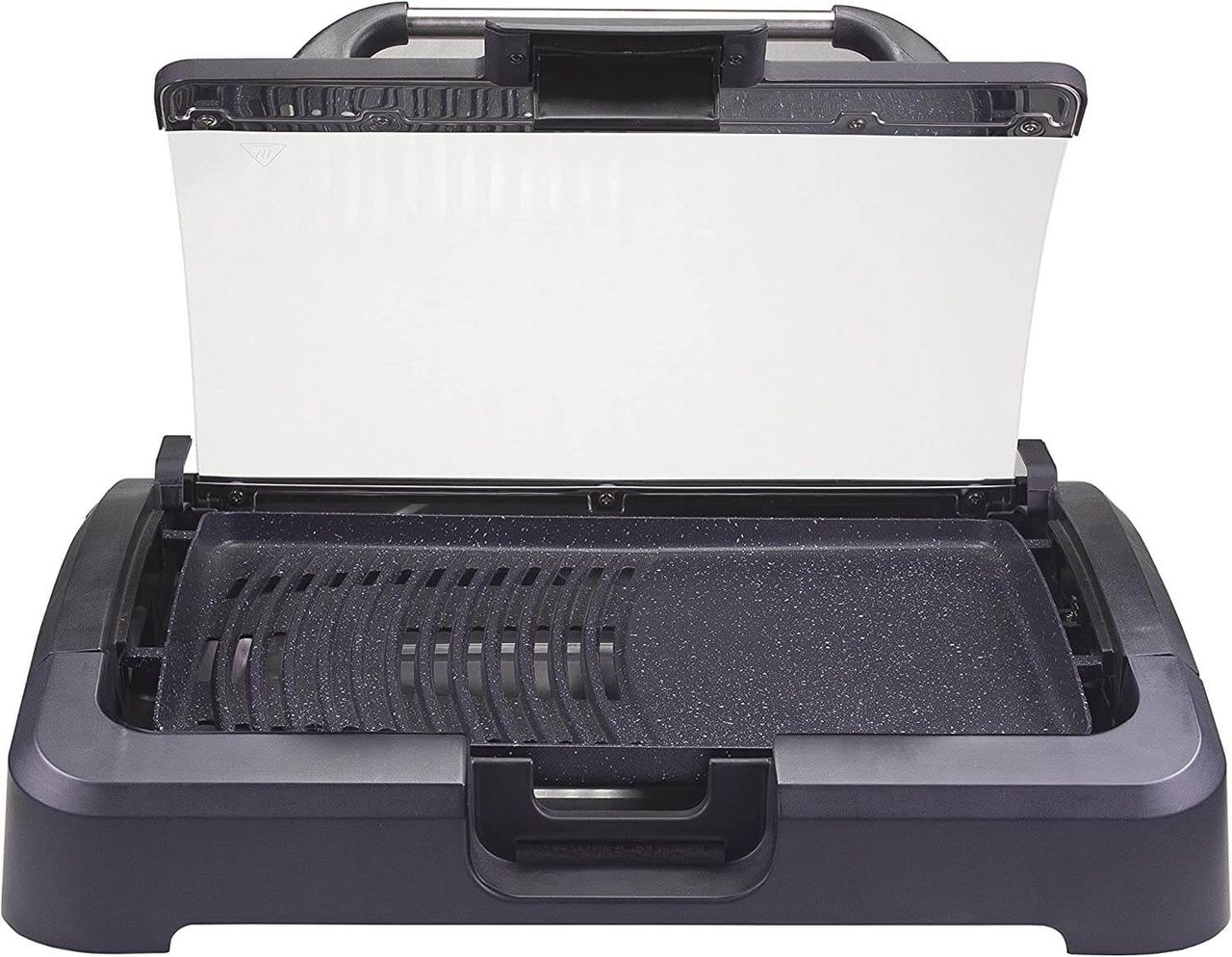 beper 90.871 Elektrogrill mit Glasdeckel, beschichtete Grillplatte, Edelstahl, 2200 W