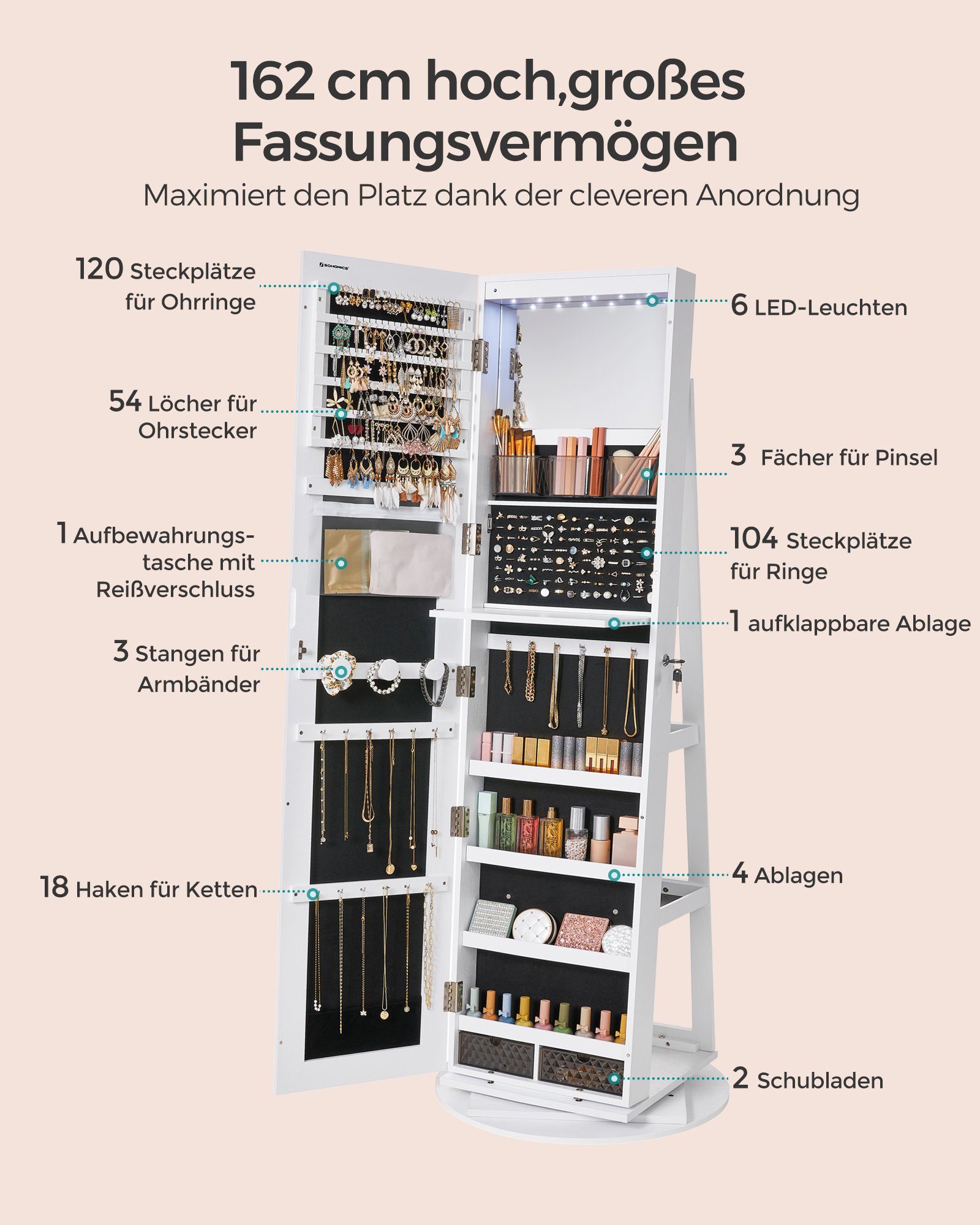 SONGMICS Schmuckschrank mit LED und Spiegel, 3 Ablagen, 360° drehbar, weiß