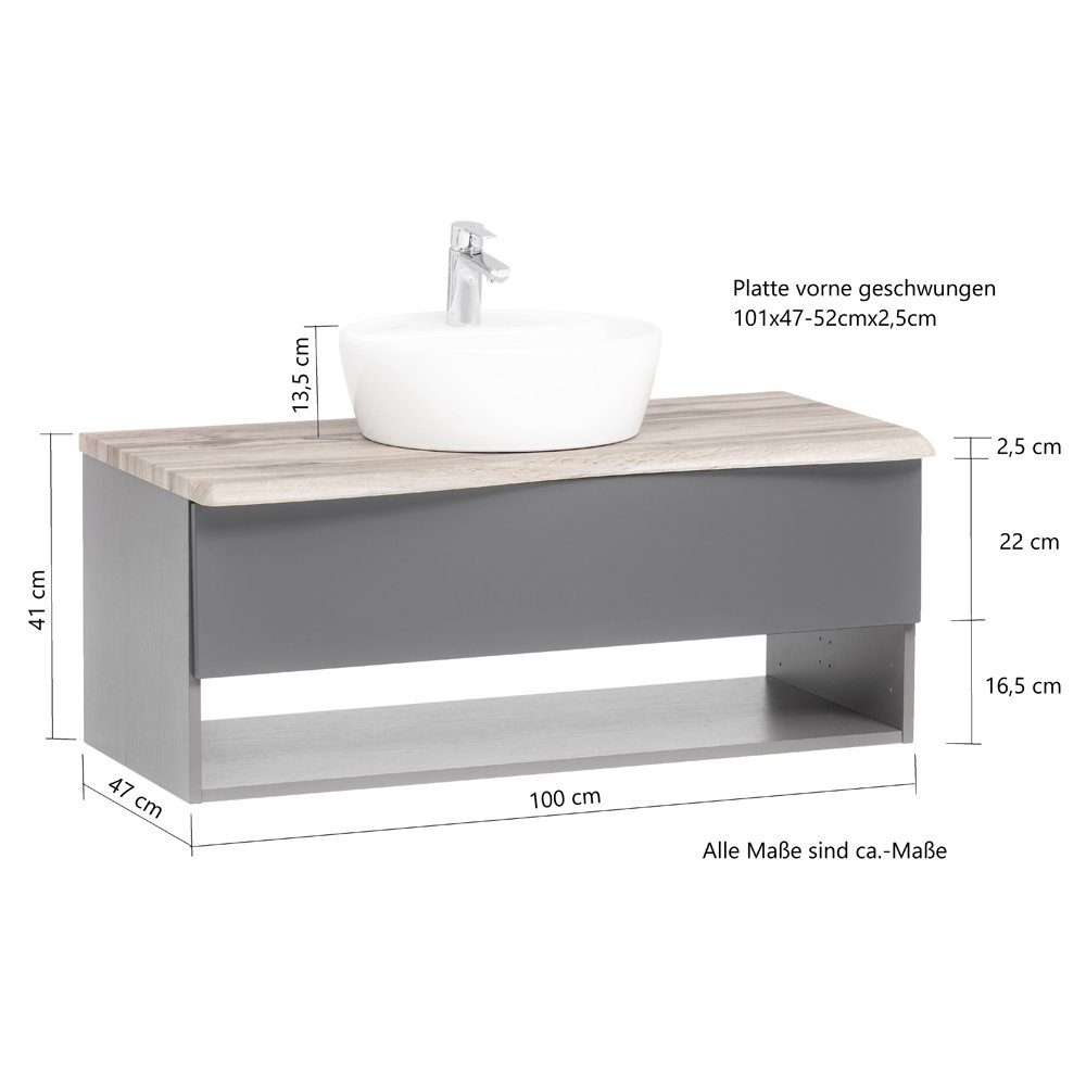 Lomadox Badmöbel-Set KAHLA-03, (3-St), Eiche Baumkantenoptik Waschbecken und Spiegelschrank 181/200/52 cm