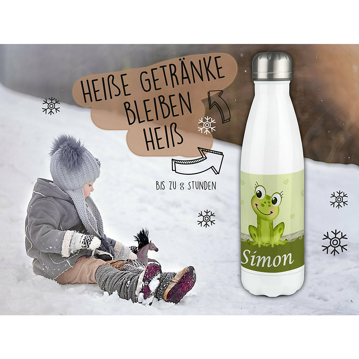 Edelstahl Kinder Thermoflasche / Trinkflasche bunt Frosch Spülmaschinenfest, Auslaufsicher, Bruchfest, Doppelwandig, Für Heißgetränke geeignet, Mit Deckel, Isoliert