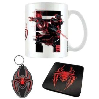 Marvel Tasse, Untersetzer und Schlüsselanhänger Set - Spider-Man Miles Morales Web Glitch