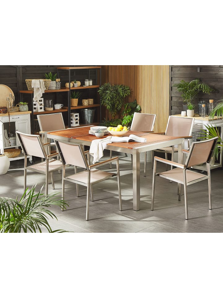 Beliani 7-tlg Gartentisch Set GROSSETO in Heller Holzfarbton/Beige/Silber günstig kaufen onesize