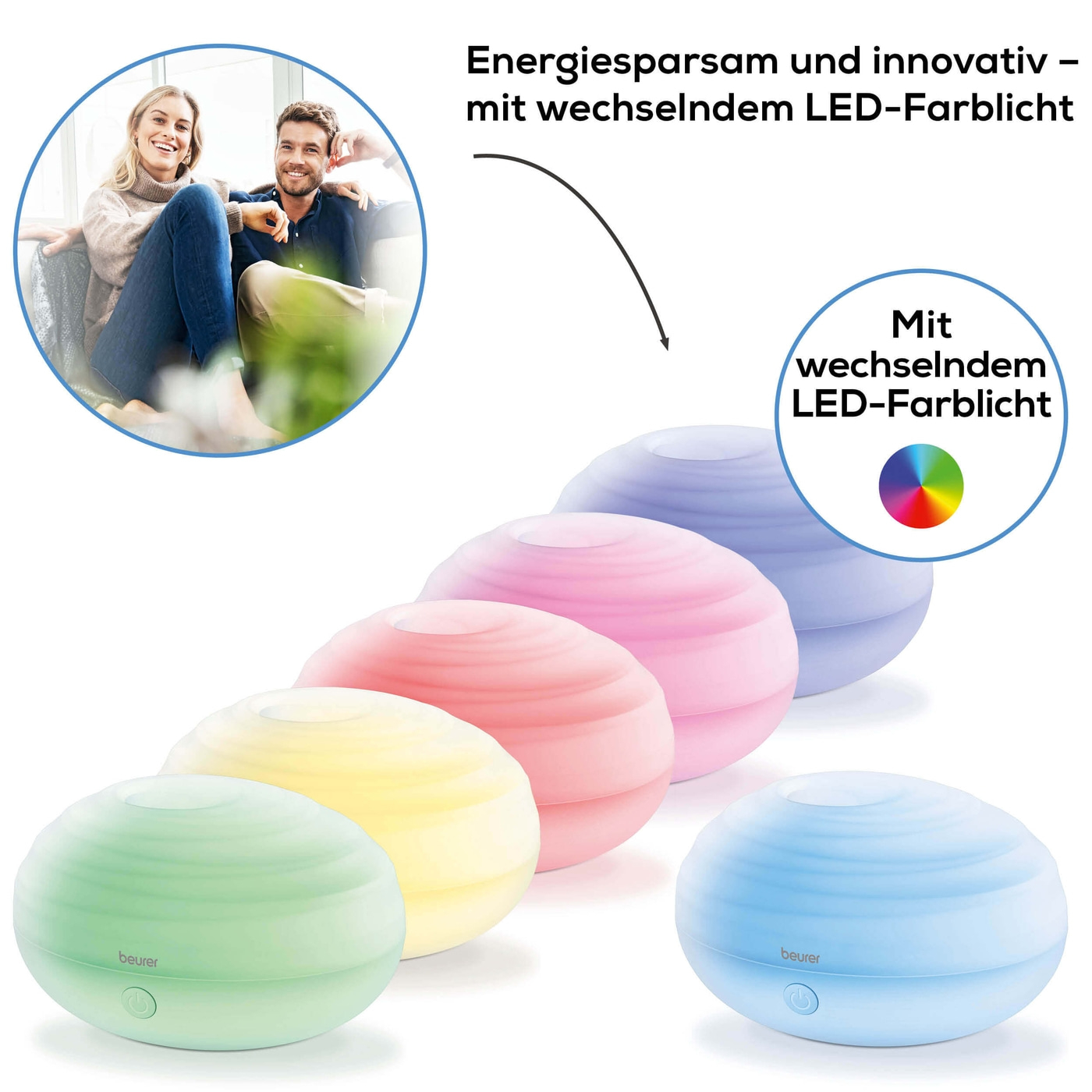 Beurer Aroma Diffuser LA 20-Mobiler Diffuser mit LED-Farblicht für Duft & Raumbefeuchtung bis 10 m²