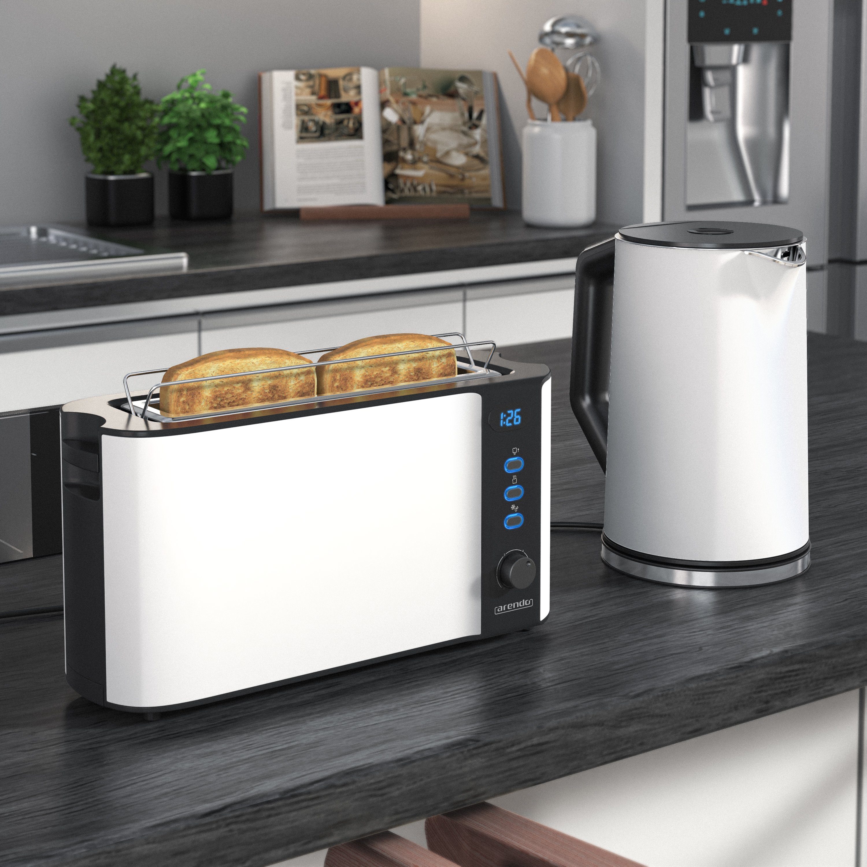 Arendo Frühstücks-Set (2-tlg), Wasserkocher 1,5l & 2-Scheiben Langschlitz Toaster, Edelstahl, Weiß