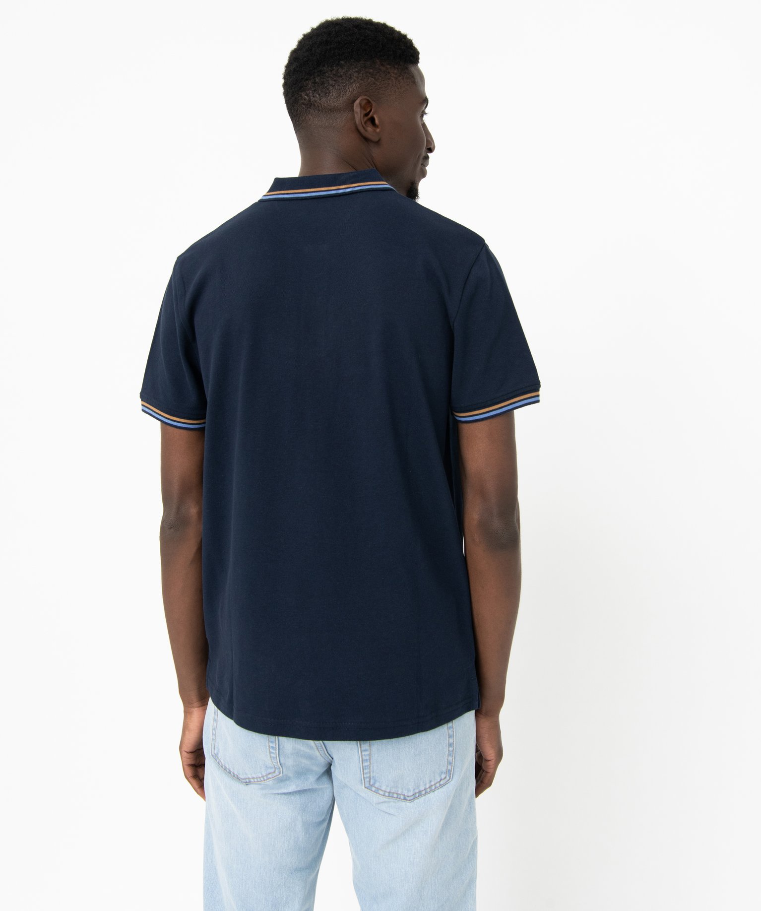 Polo homme en maille piquée avec finition rayée bleu fonce | GEMO