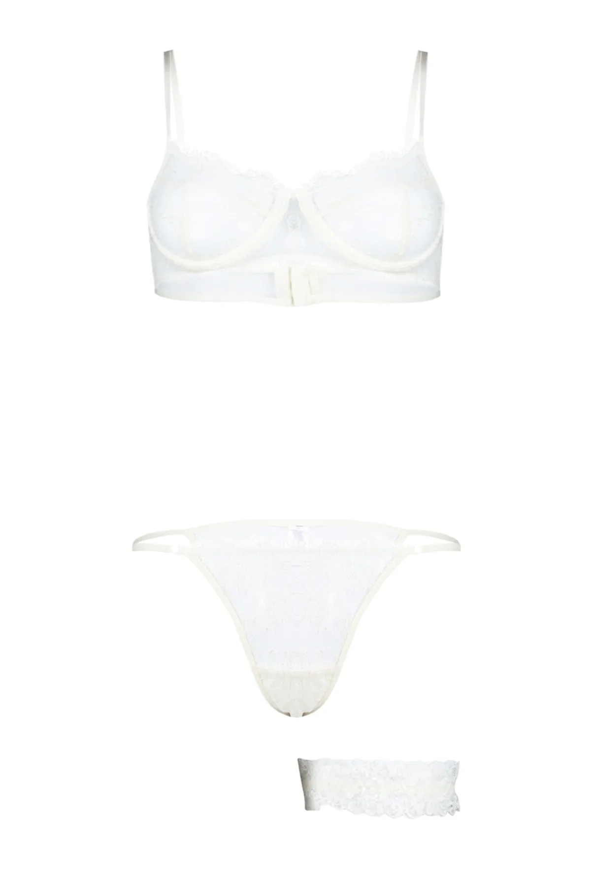 Trendyol Collection  Braut-Dessous-Set aus weißer Spitze, Beinband, Seilriemen, ohne Kappe, Strick, THMSS24CC00023