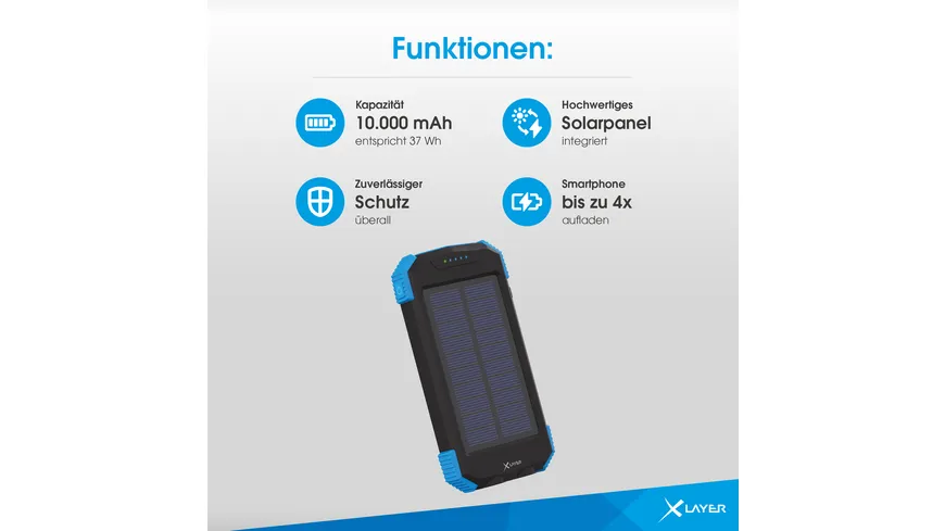 Zusatzakku XLayer Powerbank PLUS Solar Wireless 5W Black/Blue 10.000 mAh