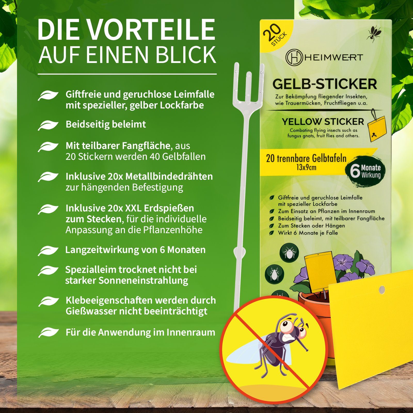 HEIMWERT Klebefalle Gelbsticker Gelbtafeln XXL, 6 Monate Langzeit teilbar mit 20 XXL Erdspießen und 20 Bindedrähten