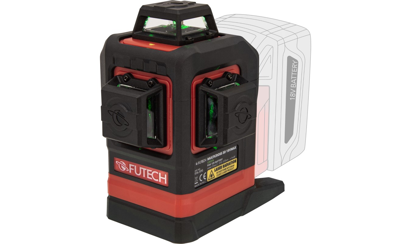 Futech 036.3DG MultiCross 3D 18V MAX Laser à lignes croisées 3D vert (piles et chargeur non inclus)