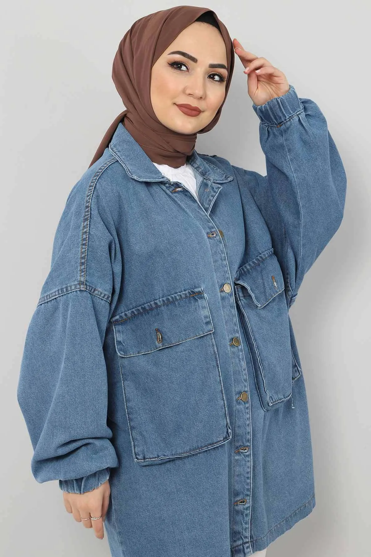 Tesettür Dünyası  Jeansjacke mit elastischen Ärmeln Tsd0088 Hellblau