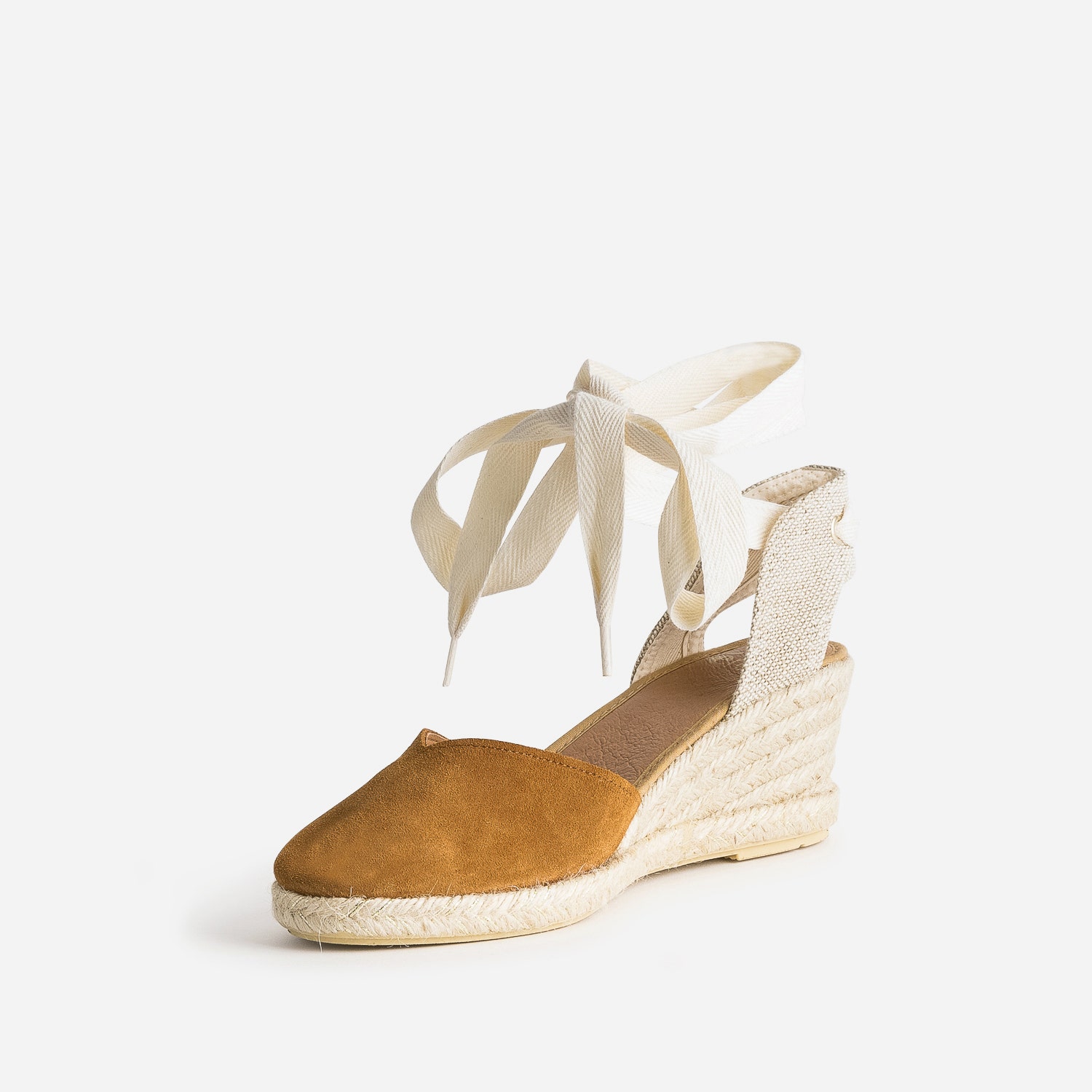 Espadrille compensée camel en cuir velours
