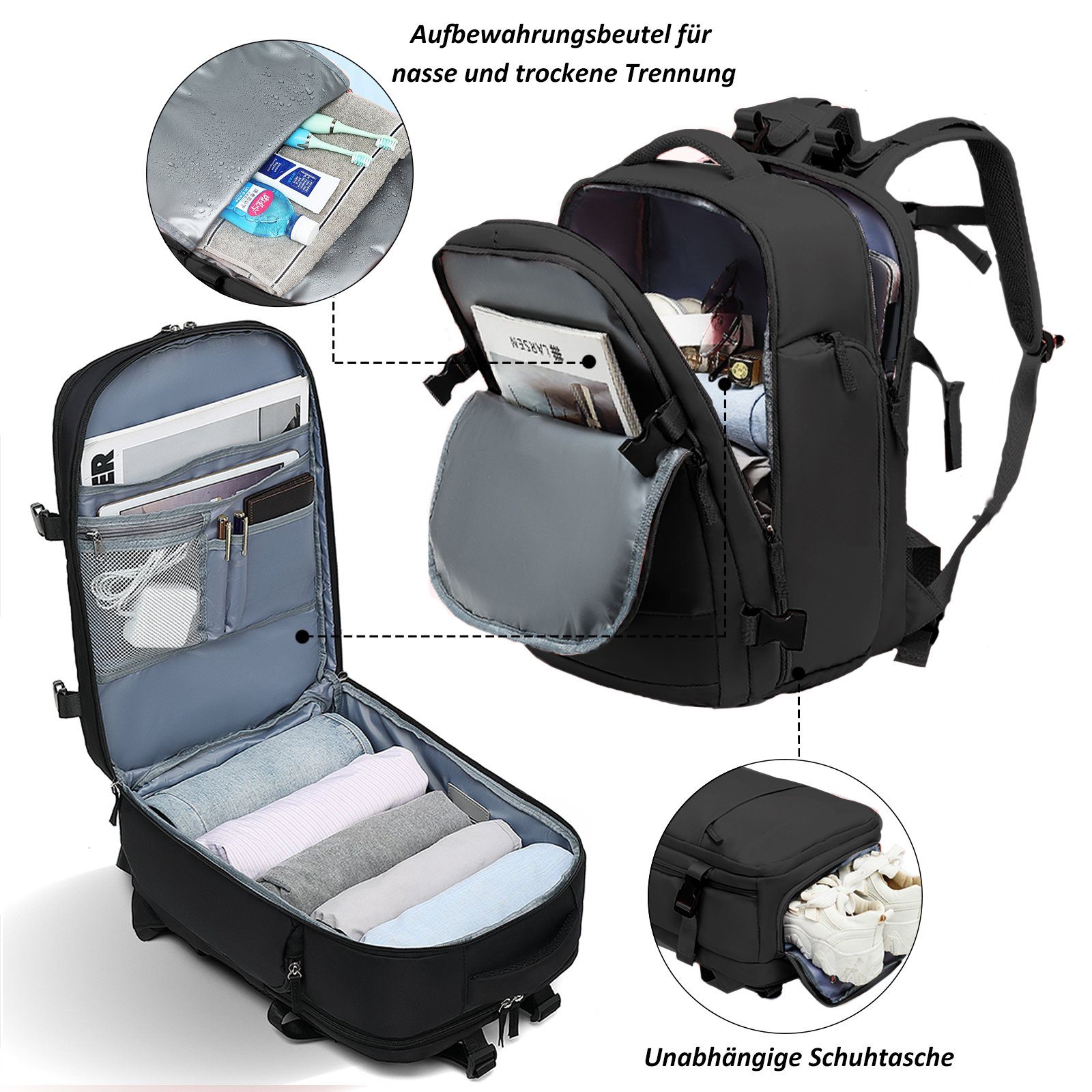 TAN.TOMI Reiserucksack Reiserucksack 45L, Handgepäck Rucksack, Lässiger Tagesrucksack, Wasserdichter Reiserucksack mit USB Ladeanschluss Schuhfach