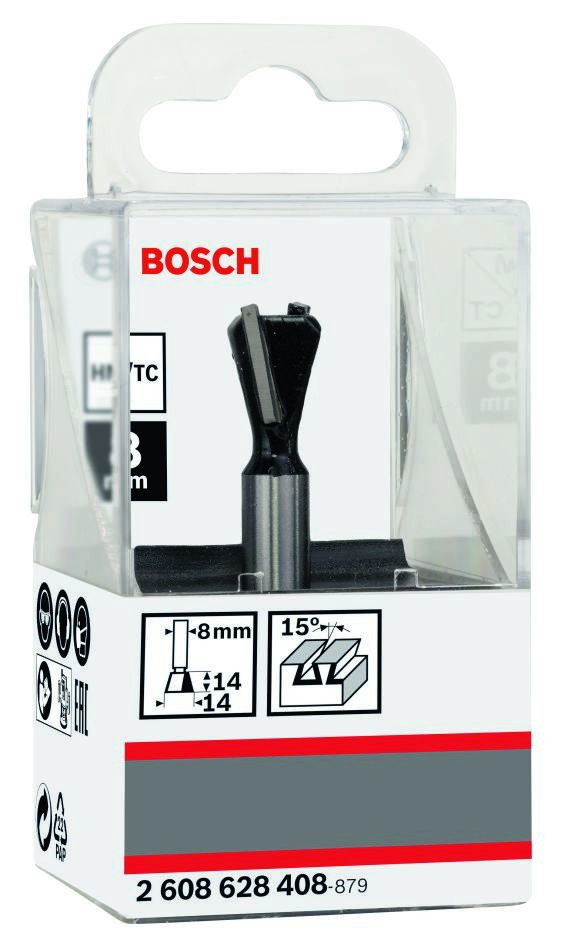 Accesorios Bosch Blue 2608628408 Fresa de cola de milano, 8 mm, D1 14 mm, L 14 mm, G 55 mm, 15° 8 mm, D1 14 mm, L 14 mm, G 55 mm, 15°