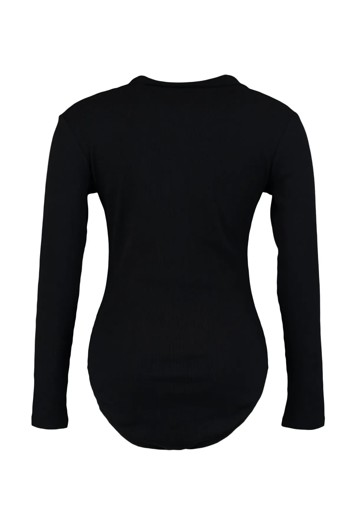 Trendyol Curve  Schwarzer, figurbetonter, schnurgebundener Strick-Body mit Druckknopfverschluss und Hemdkragen TBBAW23CS00007