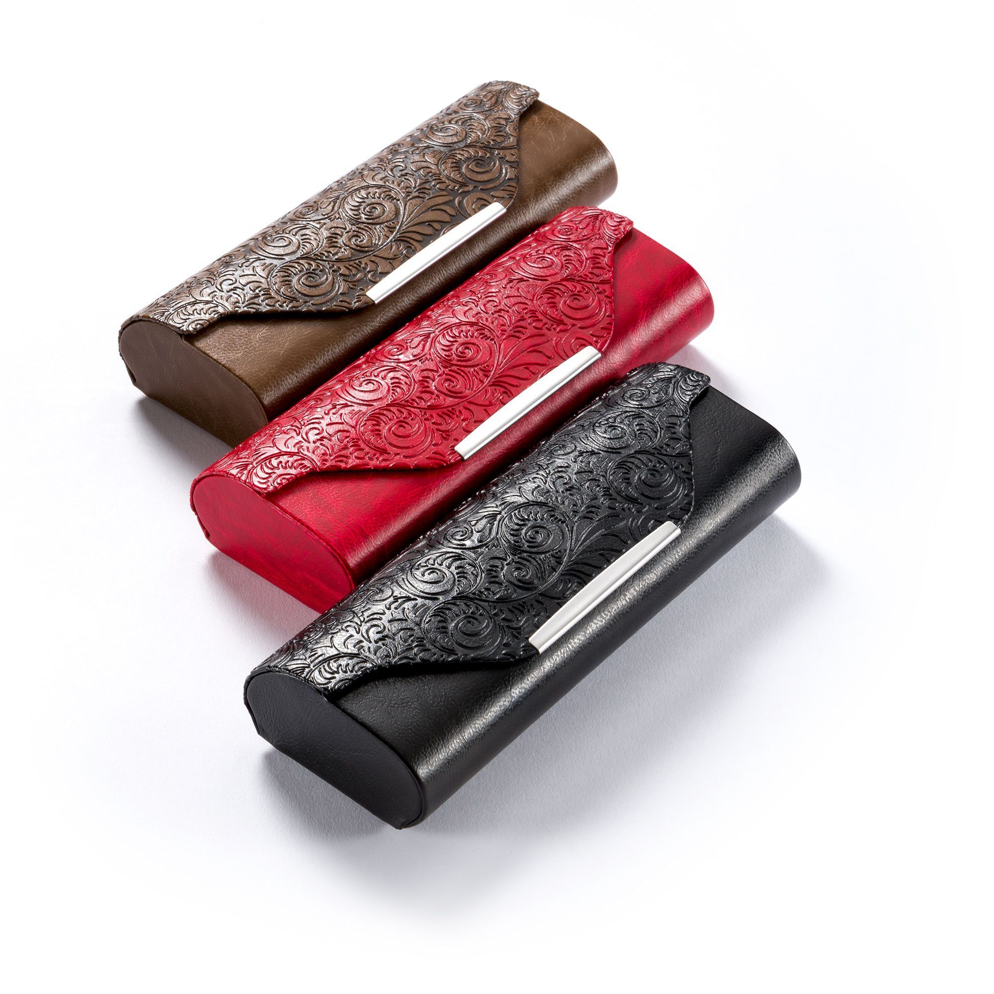 FEFI Brillenetui in Relief-Leder-Optik mit Chrom-Applikation (Hardcase), inklusive Mikrofasertuch