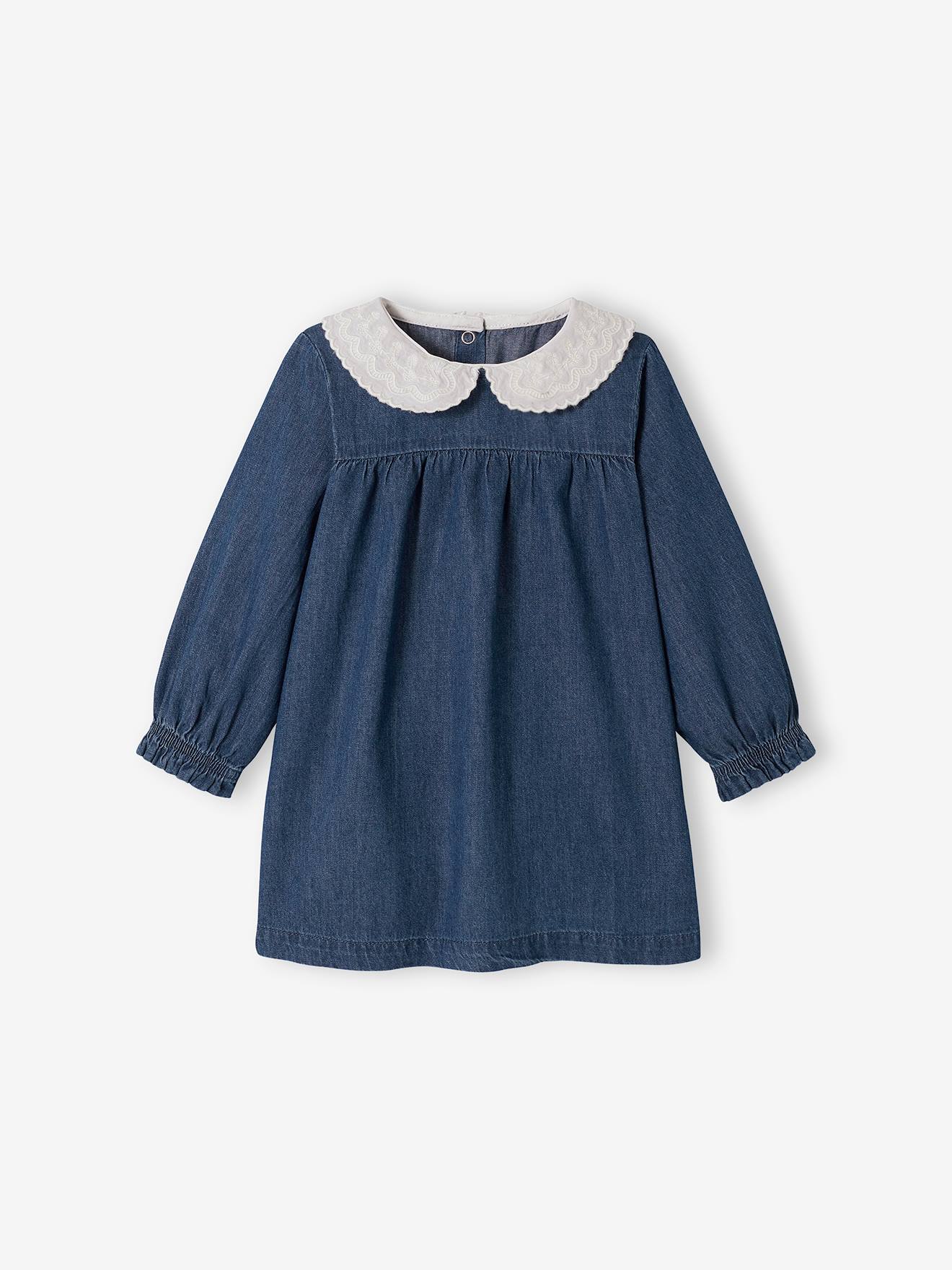 Robe en denim bébé col en voile brodé stone