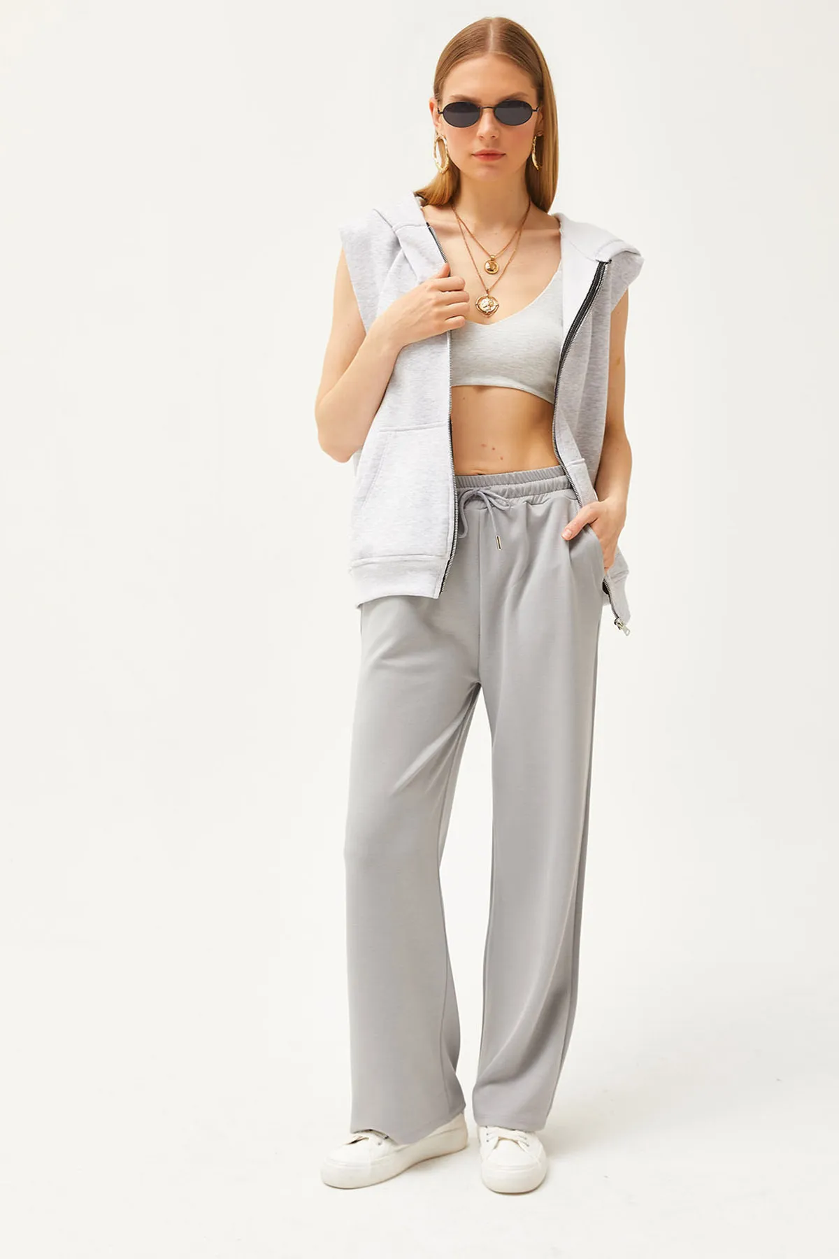 Olalook  Damen-Palazzo-Jogginghose aus weichem, strukturiertem Modal in Delphingrau mit Taschen EŞF-00000068