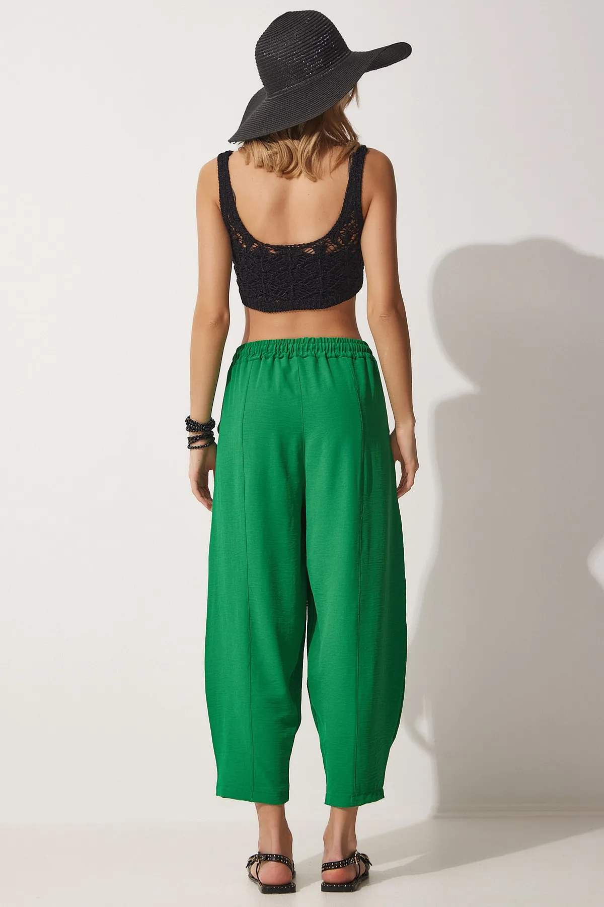 Happiness İstanbul  Leuchtende grüne Leinen-Shalwar-Hose für Damen CI00036