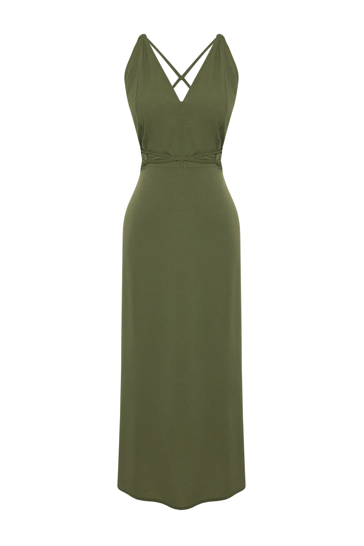 Trendyol Collection  Khakifarbenes Midi-Strandkleid mit gewebtem Rücken und tiefem Ausschnitt TBESS22EL0727