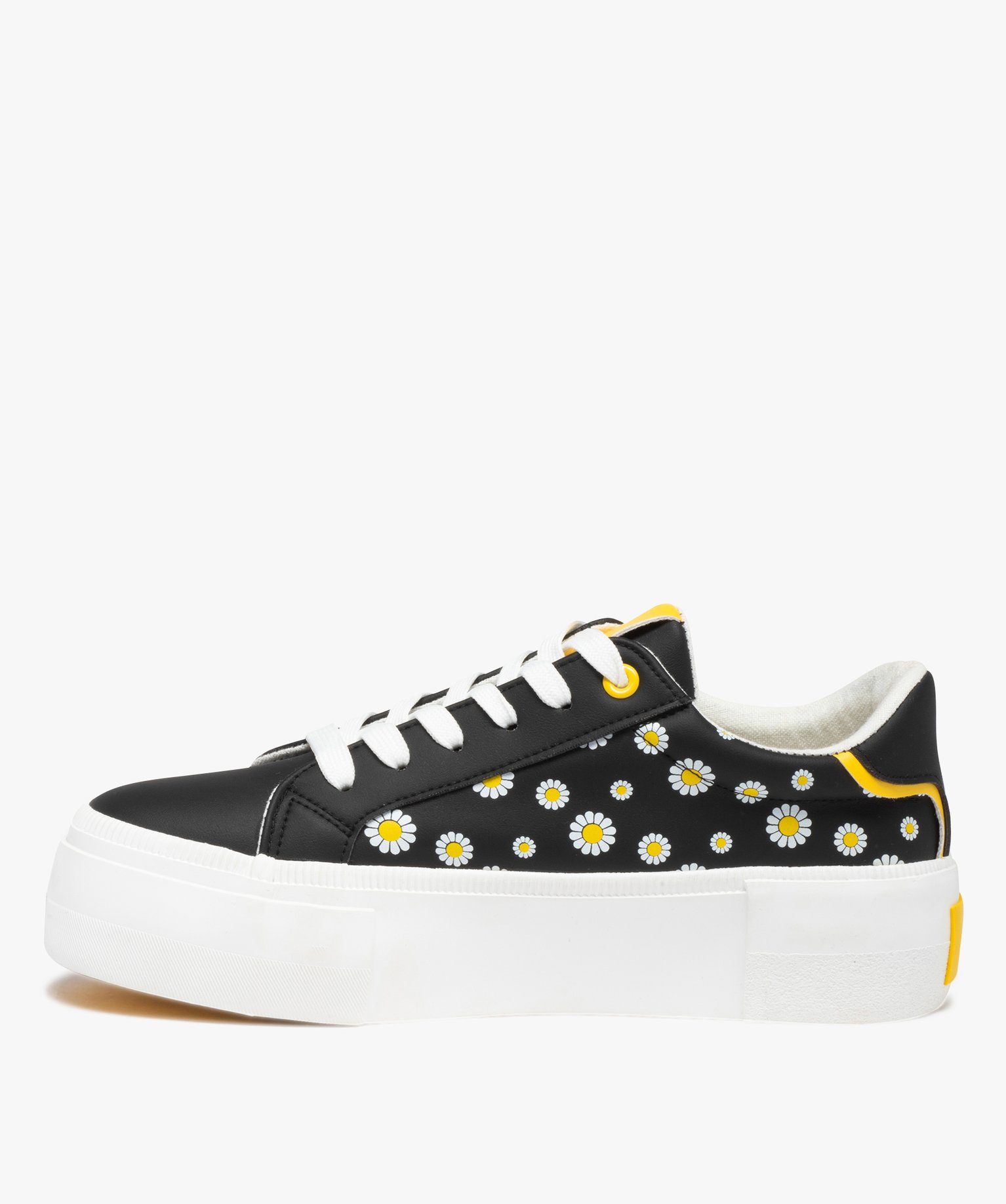 Baskets femme à motifs paquerettes et semelle épaisse noir | GEMO
