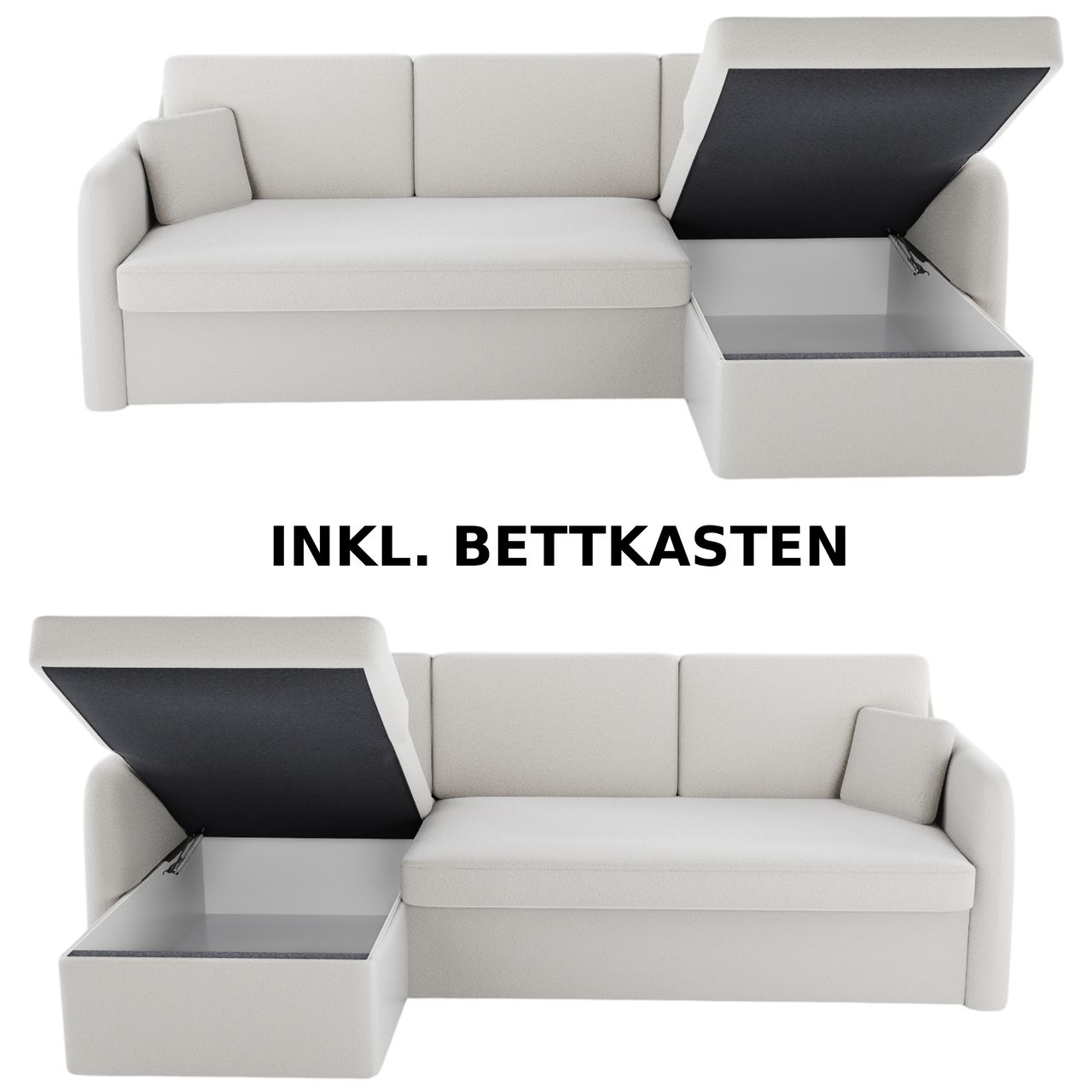 Möbel Punkt Ecksofa NICE Abriamo Boucle Ecru Hell mit Bett und Bettkasten Ottomane Universell Rechts Links
