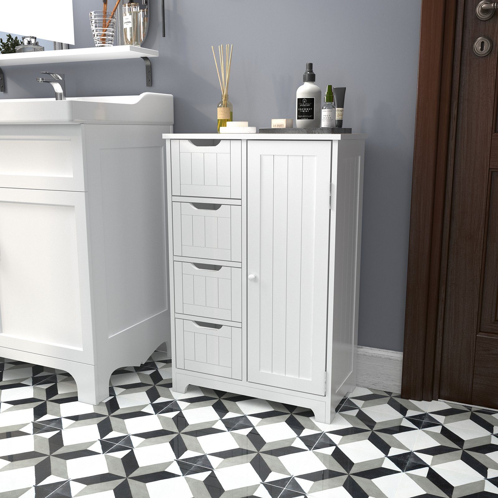 Mondeer Badkommode Badezimmerschrank, Wandkommode mit 4 Schubladen und 1 Tür, Verstellbar, Weiß