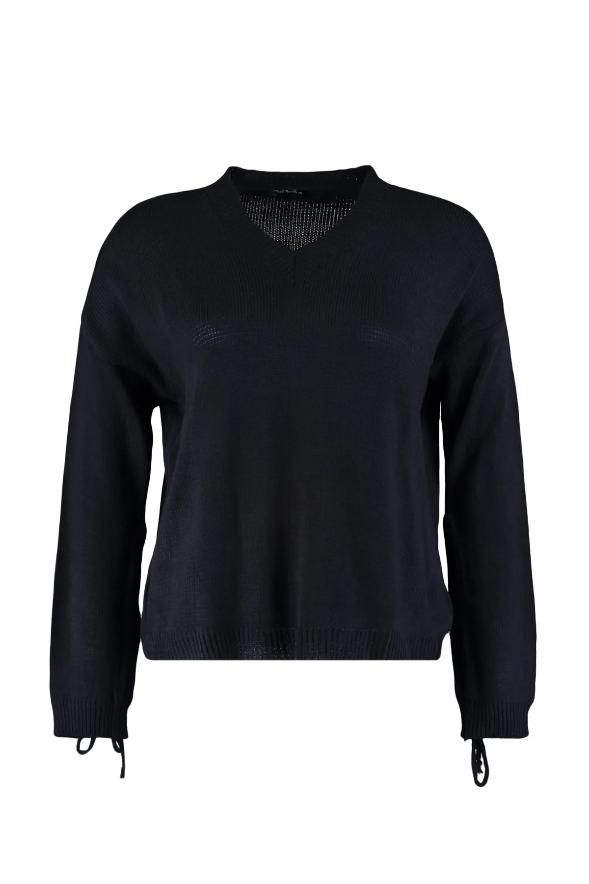 Trendyol Curve  Schwarzer, geraffter Strickpullover mit V-Ausschnitt und Ärmeln TBBAW23AN00023