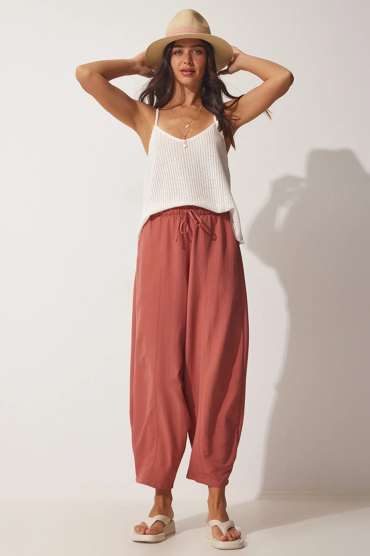 Happiness İstanbul  Dusty Rose Taschen-Shalwar-Hose aus Leinen-Viskose für Damen CV00001