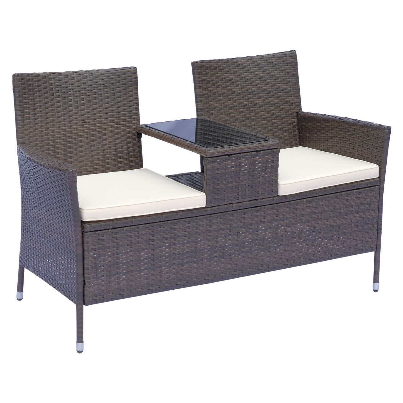 Outsunny Polyrattan Gartenbank Gartensofa Sitzbank mit Tisch 2-Sitzer Stahl Braun