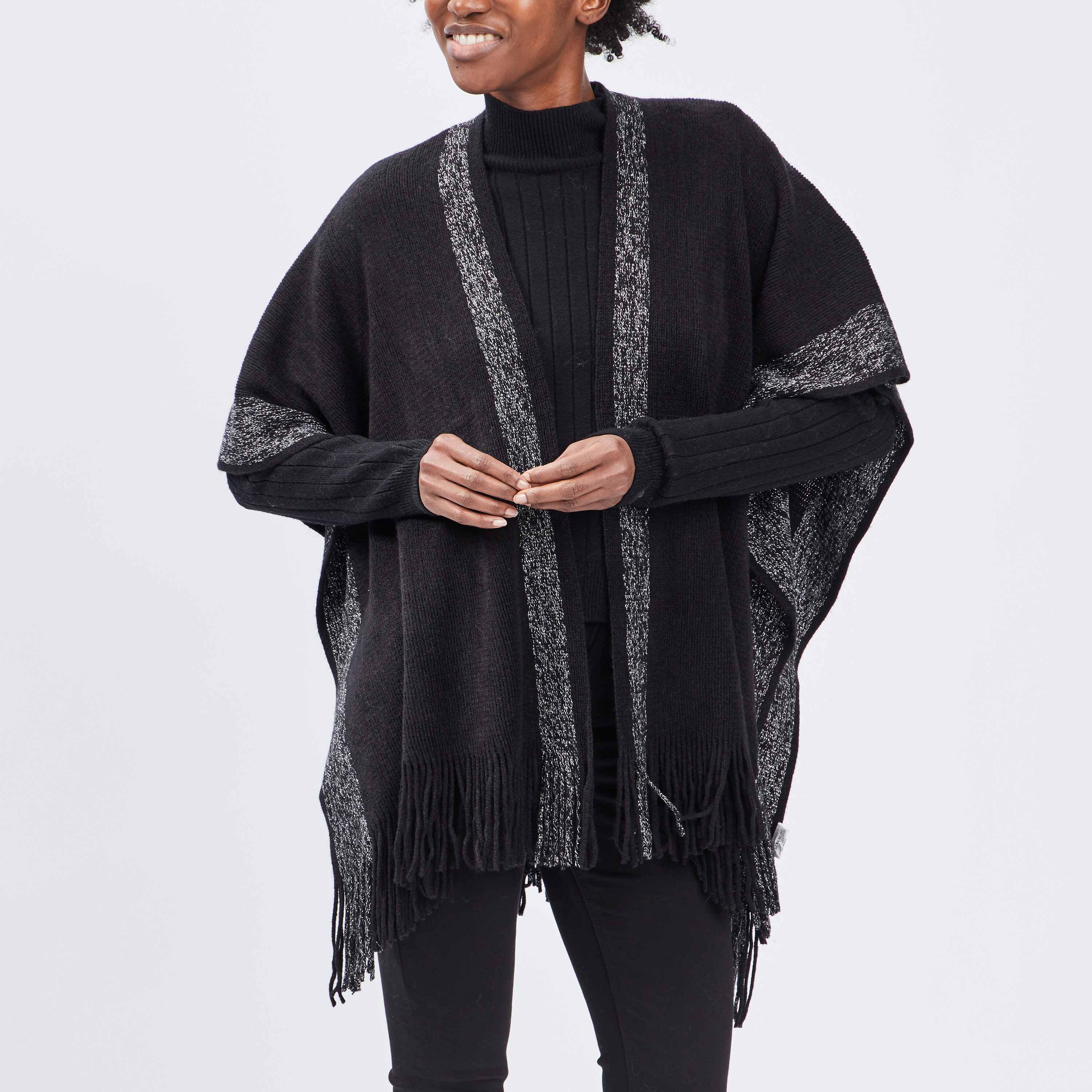 Poncho avec bandes métallisées noir femme | La Halle