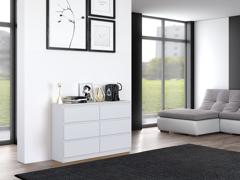 Home Collective Kommode weiß mit sechs Schubladen, Schlafzimmer Flur, Schrank, Sideboard, Highboard, Breite 120 cm Höhe 75cm