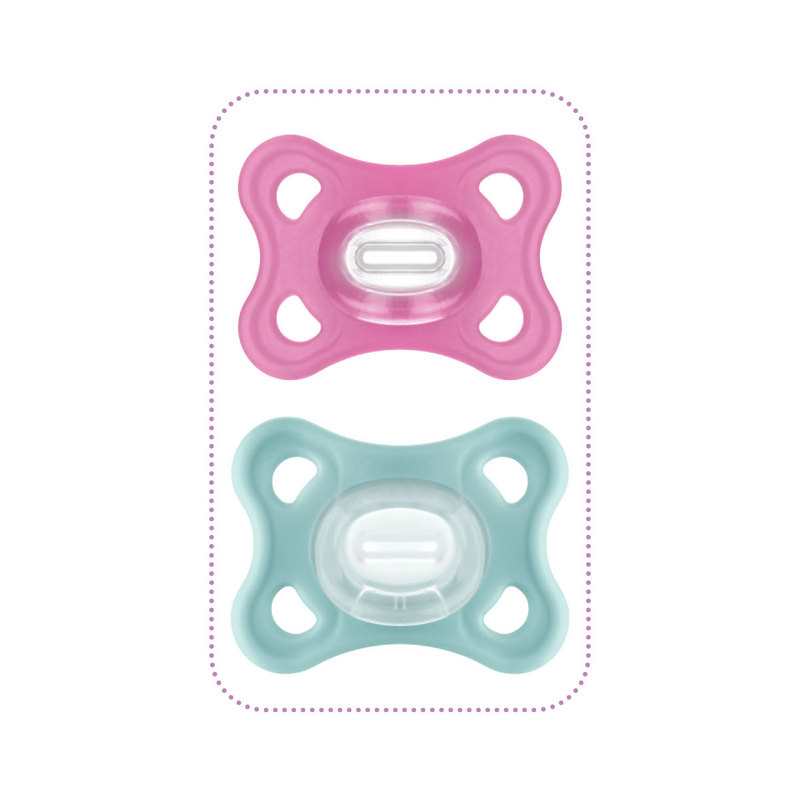 Lot de 2 sucettes Comfort en silicone 2-6 mois rose et aqua avec boite de stérilisation MAM
