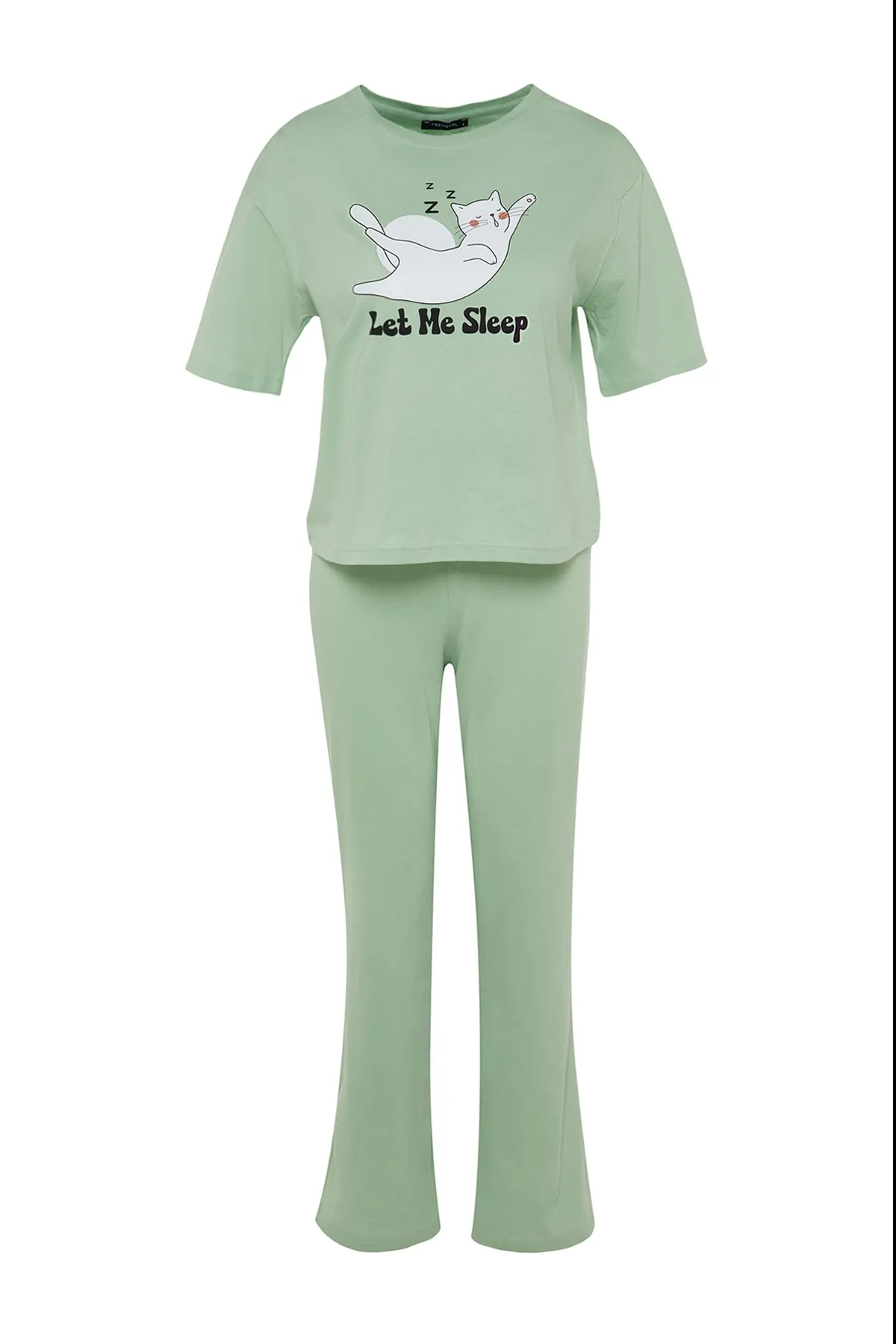 Trendyol Collection  Hellgrünes, gestricktes Pyjama-Set mit T-Shirt und Hose aus 100 % Baumwolle mit Tiermuster THMSS23PT00134