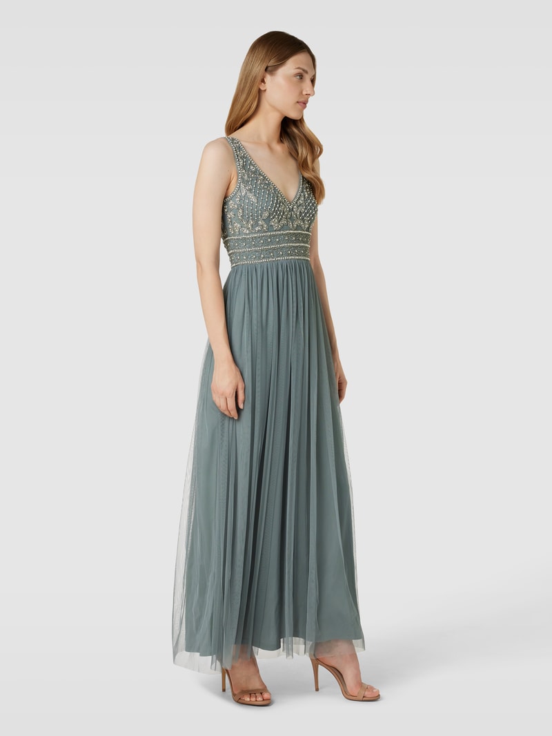 Abendkleid mit Perlen- und Ziersteinbesatz in dunkelgrau