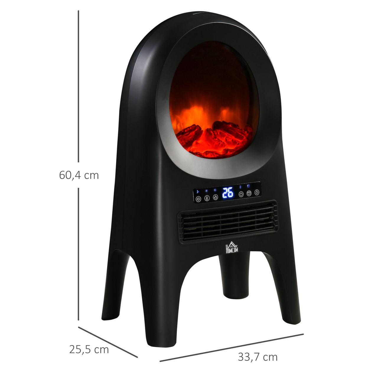 HOMCOM 3 Modi Keramik Heizlüfter mit Timer 2000 W Elektroheizung mit LED-Flammen und -Display Raumheizkörper mit Überhitzungs- und Kippschutz mit Fernbedienung für Innen Wohnräume 33,7x25,5 x60,4cm