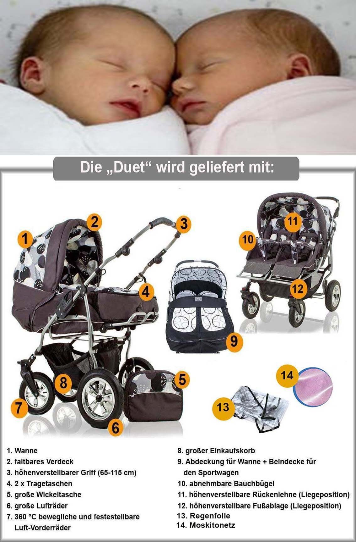Elcar Zwillings-Kombikinderwagen Zwillingskinderwagen 2 in 1 Duet - 14 Teile - in 20 Farben