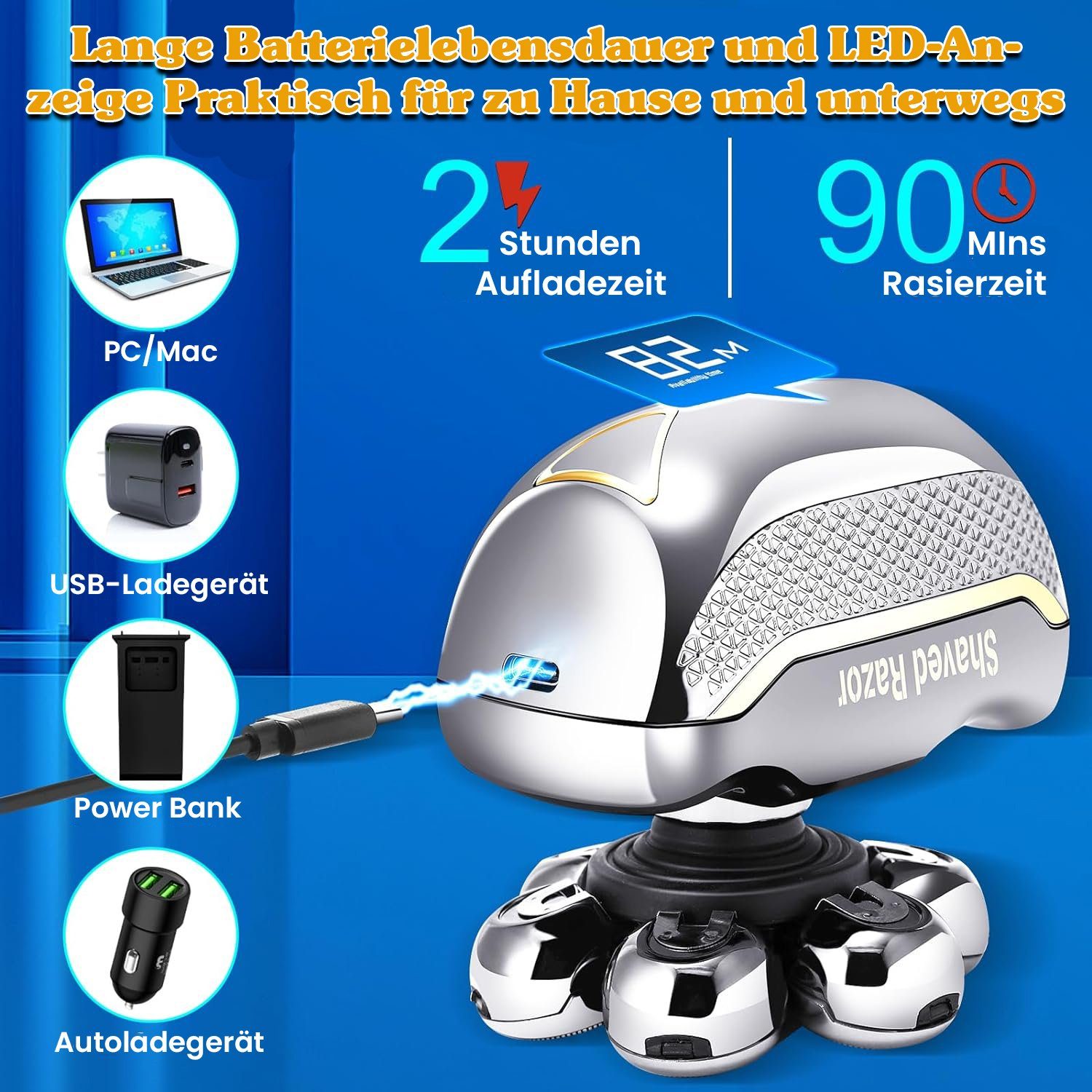 keystar Elektrorasierer 6-in-1 Wasserdichter Rasierer für glatte Köpfe, Nass/Trocken, Elektrorasierer - Herren Pflegeset mit LED-Display, Wiederaufladbar, inklusive Reisetasche, Aufsätze: 6, - 7D Rasierapparat, Haartrimmer, Nasenhaartrimmer, Gesichts