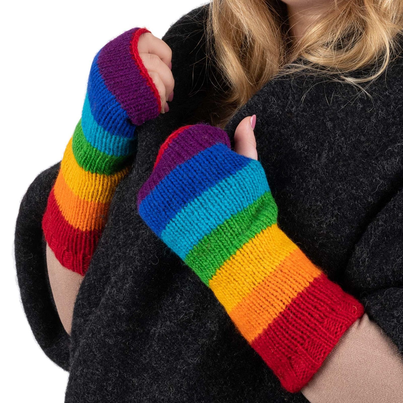 KUNST UND MAGIE Armstulpen Bunte Armstulpen Hand Pulswärmer Handschuhe Wolle Strick Regenbogen