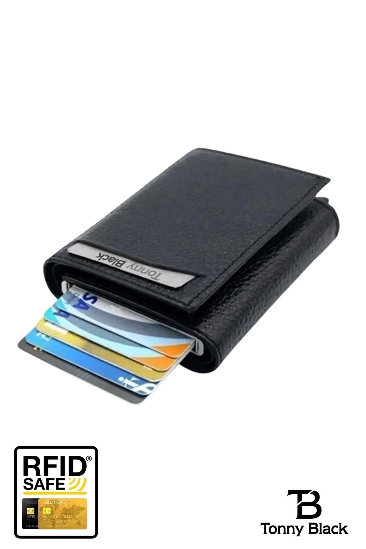Tonny Black  Originale RFID-Schutz-Geldbörse mit Automatikmechanismus und Diebstahlschutz, mit Geld- und Kartenhalter