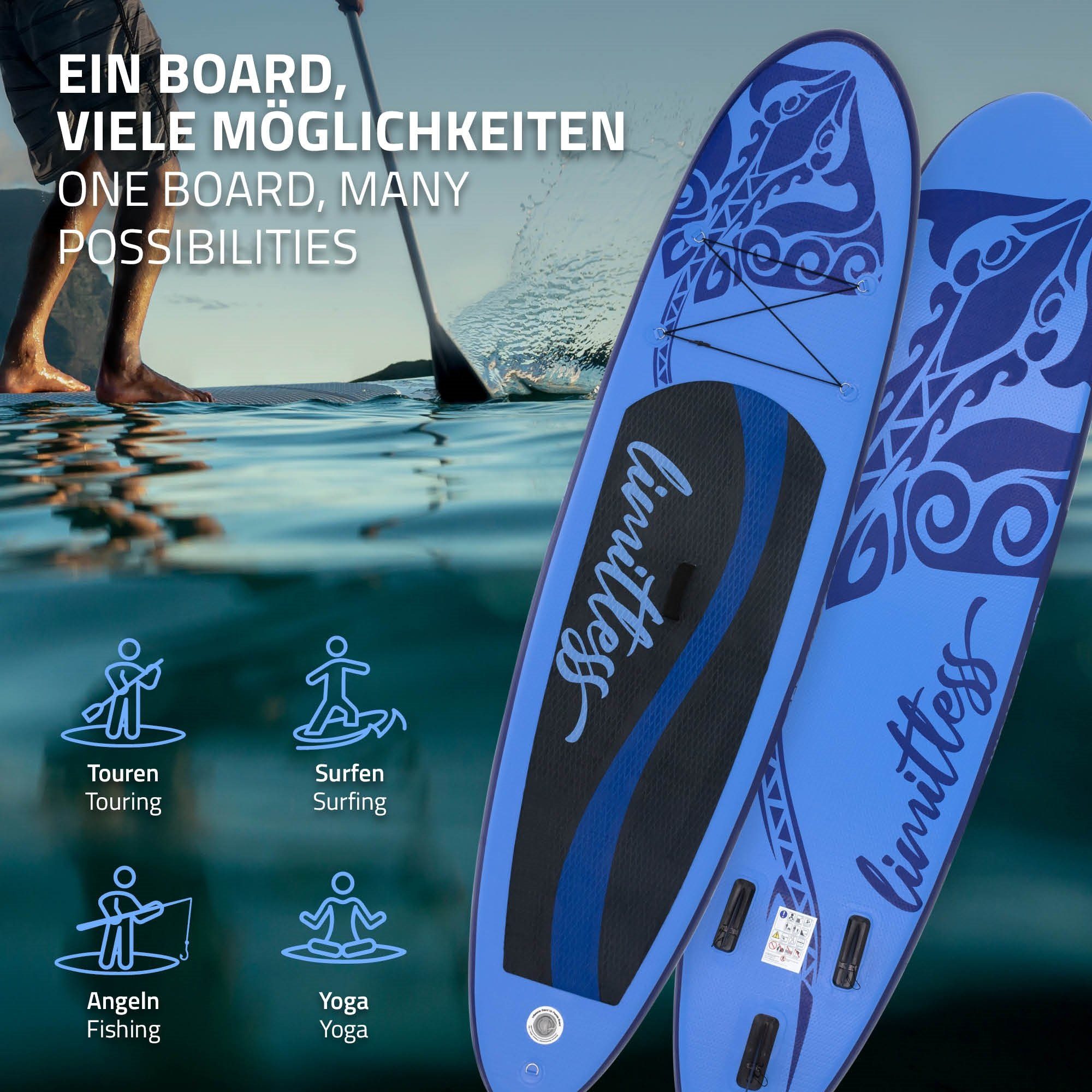 ECD Germany SUP-Board Aufblasbares Stand Up Paddle Board Limitless Paddelboard Surfboard, Blau 308x76x10cm PVC bis 120kg Tragetasche Zubehör Komplett Set
